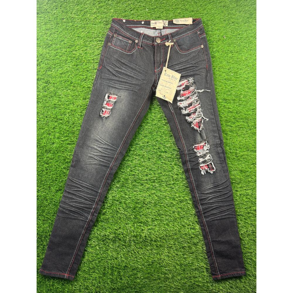 Raw Blue Women's Jeans 5/6 Black Distressed Ripped Flannel Patch # AGP-572 NWT
